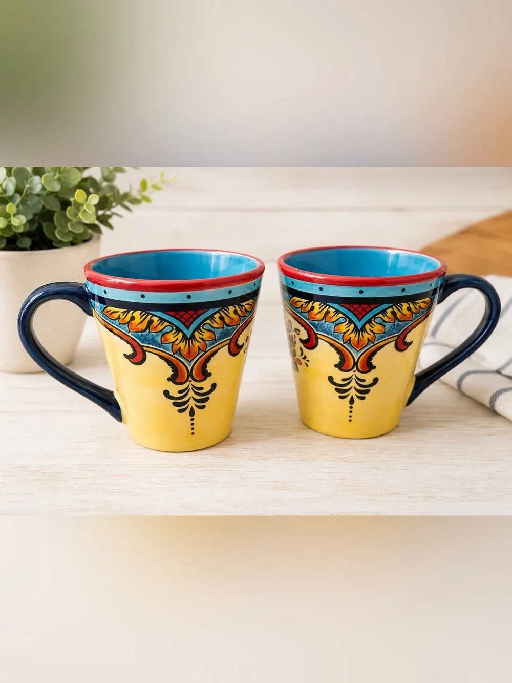 2 Euro Ceramica Coffee Cups, Colorful Mugs.